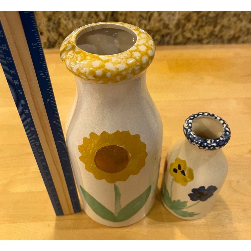 Hand Painted Ceramic Milk Bottle Vase Set Sunflower Pansy Farmhouse Decor